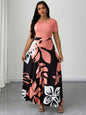 Plus Size Women Botanical Print Round Neck Short Sleeve Maxi Dress