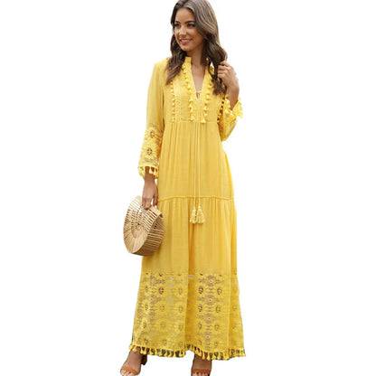 Ladies Bohemian V-Neck Tassel Large Size Casual Dress