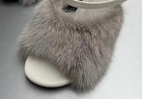 Mink fur high heels for women, sexy fish mouth leather party sandals for women