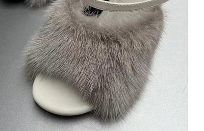 Mink fur high heels for women, sexy fish mouth leather party sandals for women