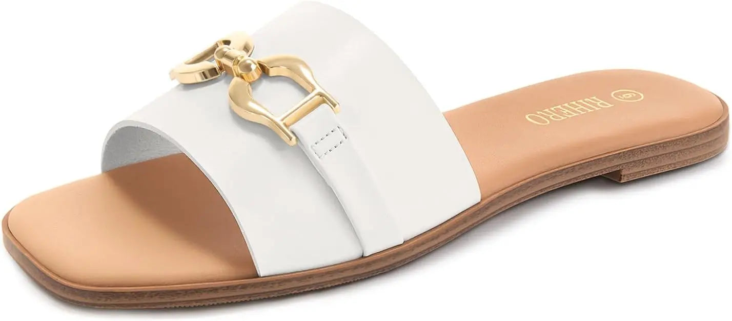 Women's Flat Sandals Summer Comfortable Square Open Toe Slip On Leather Slide Sandals