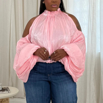 Shiny Plus Size Blouse Women Halter Neck Loose Long Lantern Sleeve Sexy Casual Holiday Evening Party Shirt