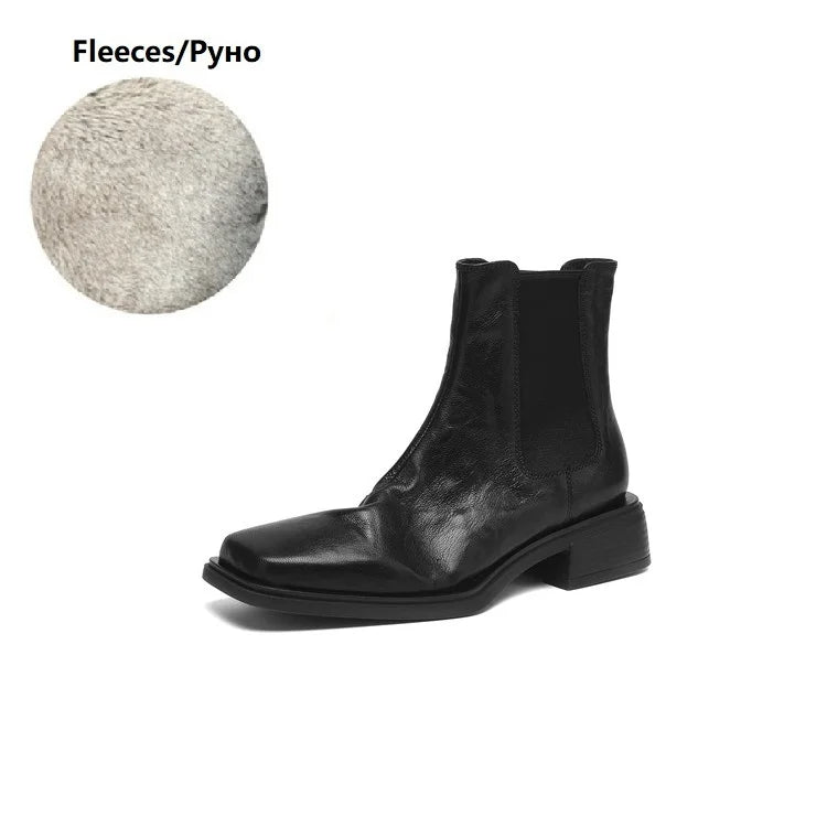 Women Genuine Leather Boots Square Toe Chunky Heel  Slip-on Modern Boots