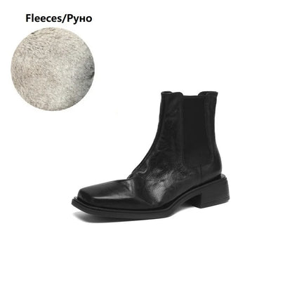 Women Genuine Leather Boots Square Toe Chunky Heel  Slip-on Modern Boots