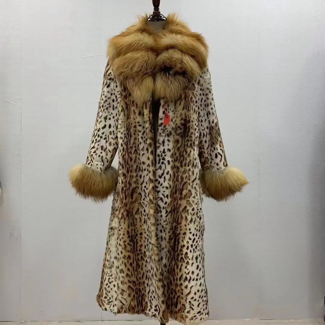 Women Fox Lapel Collar Natural Whole Skin Genuine Fur Long Jacket Real Rabbit Fur Leopard Print Overcoat