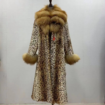 Women Fox Lapel Collar Natural Whole Skin Genuine Fur Long Jacket Real Rabbit Fur Leopard Print Overcoat