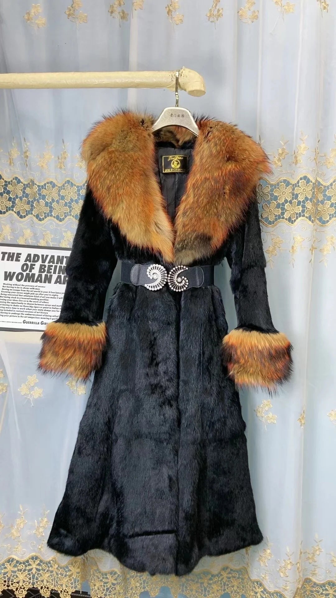 Women Fox Lapel Collar Natural Whole Skin Genuine Fur Long Jacket Real Rabbit Fur Leopard Print Overcoat