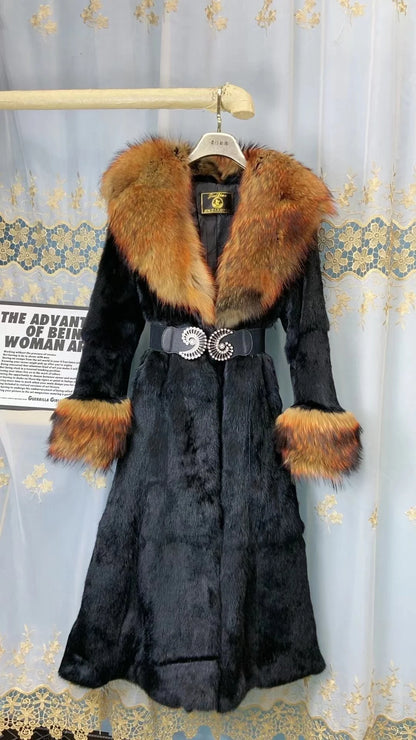 Women Fox Lapel Collar Natural Whole Skin Genuine Fur Long Jacket Real Rabbit Fur Leopard Print Overcoat