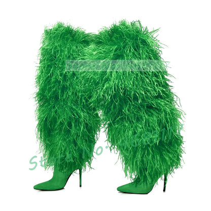 Women Fluffy Real Ostrich Feather Knee High Boots Women