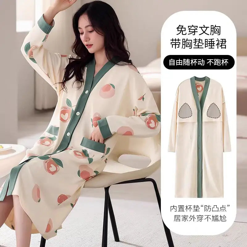 Spring and Autumn Women Nightdress With Chest Pad Femme Cotton Nightwear