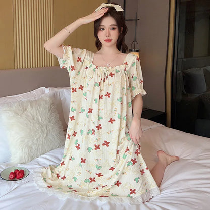 M-5XL Plus Size Sleep Dress for Women Sweet Summer Sleepwear Students Cute Print Nightgown Pajama Sleepshirt