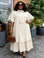 Elegant Women Straight Dress Bow Collar Short Sleeves Loose Long Ruffles Hem Africa Simple Solid Church Causal