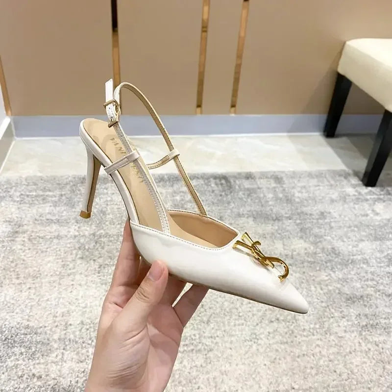 White Elegant Women's Stilettos Summer Fashion Sandals with Metal Buckle Baotou Pointed Back Design