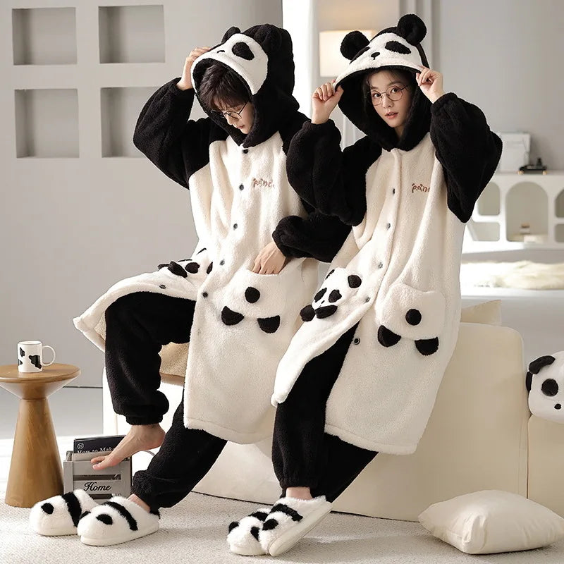 Coral Velvet Pajamas for Women Men Winter Thickened Plush Long Sleeve Hooded Bath Robe with Trousers