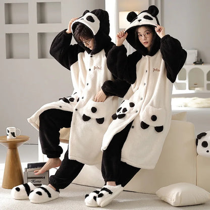 Coral Velvet Pajamas for Women Men Winter Thickened Plush Long Sleeve Hooded Bath Robe with Trousers