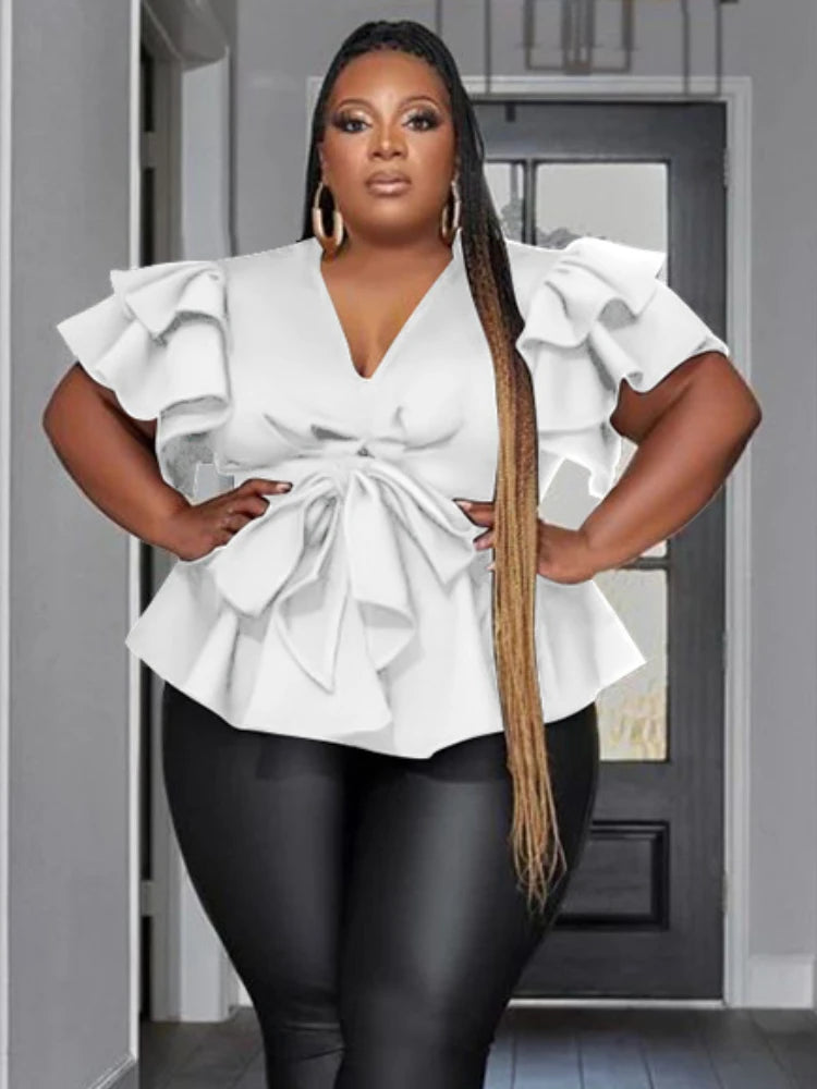 Women Plus Size Tops Elegant Deep V Neck Ruffles Shirts