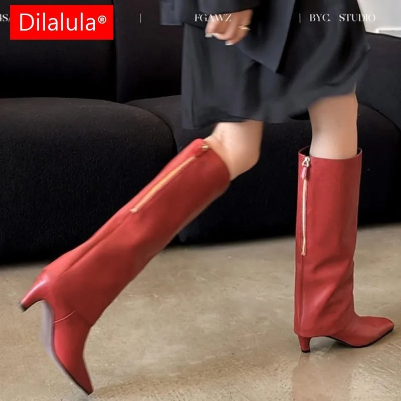 Real Sheepskin Women Knee High Boots Lady Autumn Winter Turned Over Edge Boots
