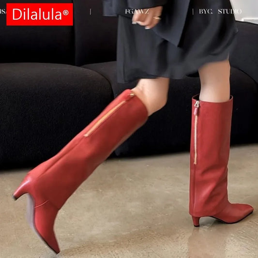 Real Sheepskin Women Knee High Boots Lady Autumn Winter Turned Over Edge Boots