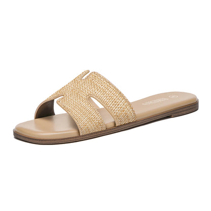Women's Dressy Flat Sandals Comfortable Slip On Leather Slide Sandals