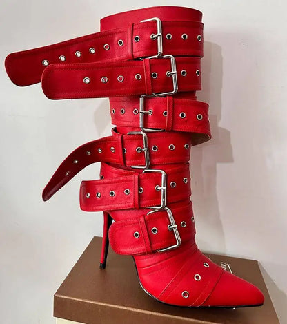 Women Pointed Toe Mid-Calf Boots Buckle Strap Thin High Heel Lady Zipper Female  Stiletto Boots