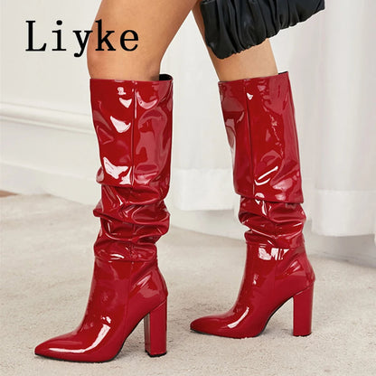 Autumn Winter Pleated Patent Leather Knee High Boots Slip On Motorcycle Shoes Women Square Heels