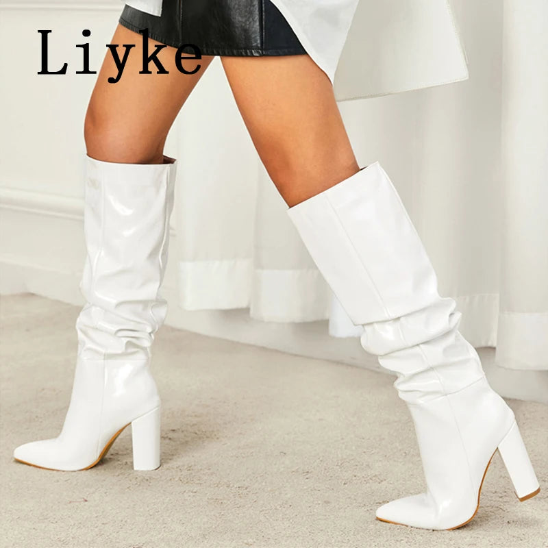 Autumn Winter Pleated Patent Leather Knee High Boots Slip On Motorcycle Shoes Women Square Heels