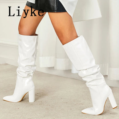 Autumn Winter Pleated Patent Leather Knee High Boots Slip On Motorcycle Shoes Women Square Heels