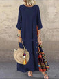 Women Vintage Print Patchwork Maxi Dress Boho 3/4 Sleeve Oversized