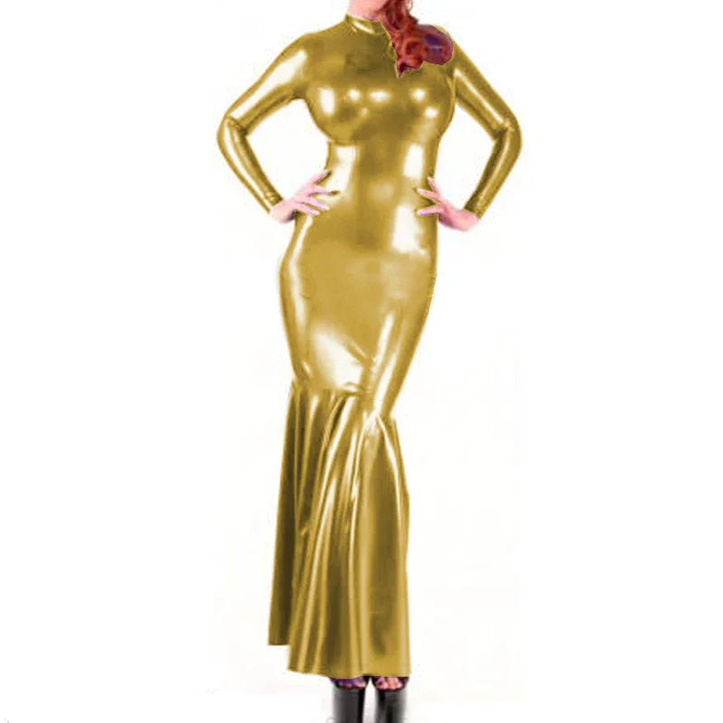 Shiny Metallic Party Evening Gown Dress High Neck Long Sleeve Mermaid Dress