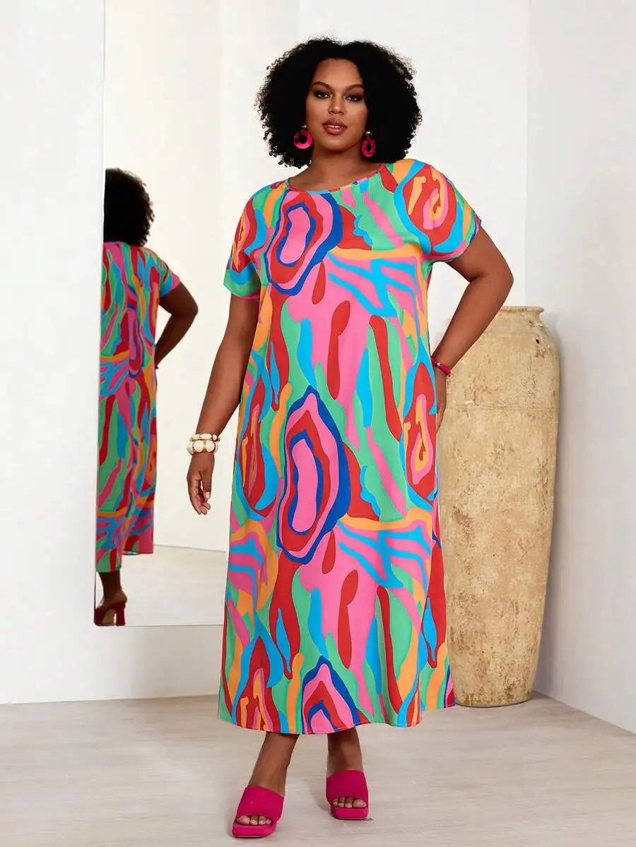Plus Size Womens Colorful Abstract Print Midi Dress