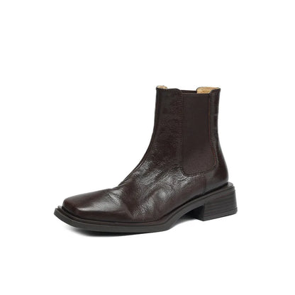 Women Genuine Leather Boots Square Toe Chunky Heel  Slip-on Modern Boots