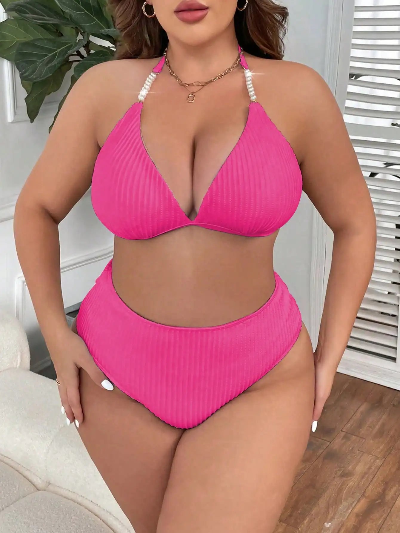 Plus Size Women 2 Piece Solid Color Ribbed Halter Neck Bikini Set For Beach Vacation