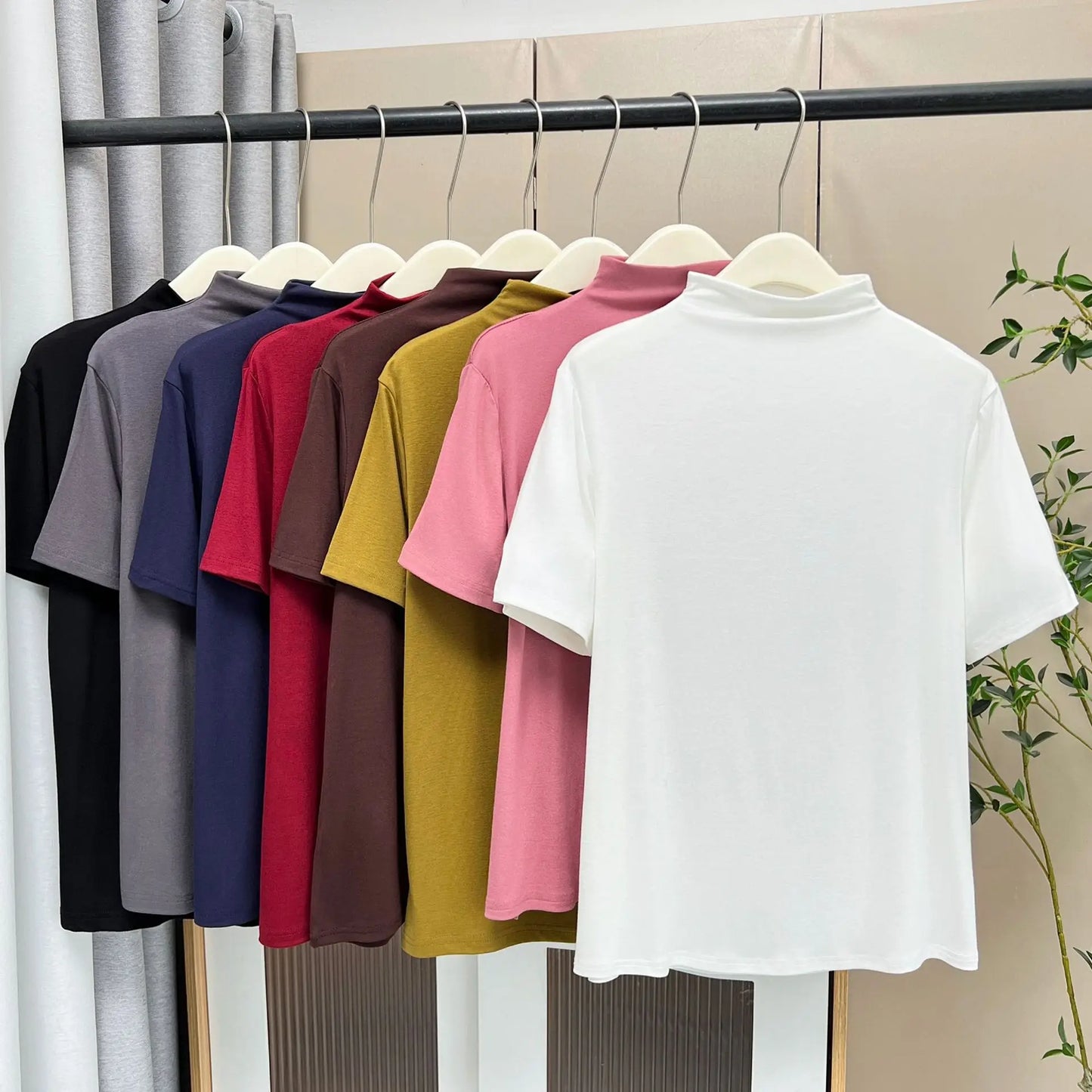 Temperament Half High Neck Solid Color Short Sleeve Tees Plus Size Women's Base T-shirt