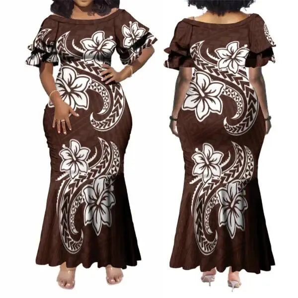 Polynesian Dress White Samoan Tribal Design Layered Ruffle Midi Mermaid Dresses Women Lady Elegant Frill dress