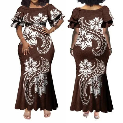 Polynesian Dress White Samoan Tribal Design Layered Ruffle Midi Mermaid Dresses Women Lady Elegant Frill dress