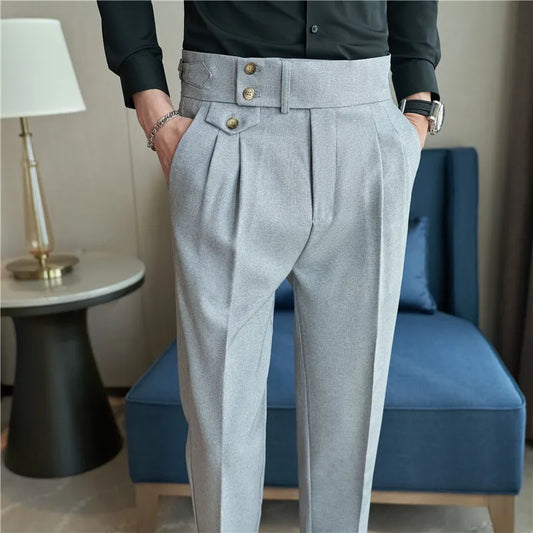 High Waist Men Suit Pants 2023 British Style Casual Dress Pants Men Slim Fit Trousers Formal Office Wedding Party Pantalon Homme