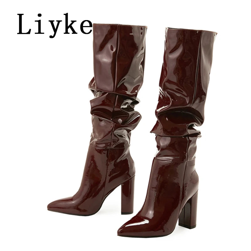 Autumn Winter Pleated Patent Leather Knee High Boots Slip On Motorcycle Shoes Women Square Heels