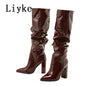 Autumn Winter Pleated Patent Leather Knee High Boots Slip On Motorcycle Shoes Women Square Heels