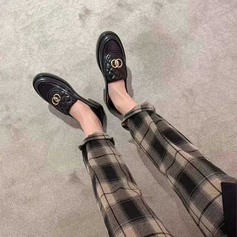 Black Chunky Heel Loafer Shoes  Women Autumn Thick Sole Slip-on Leather Shoes