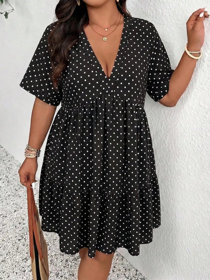 Women Plus Size V-Neck Polka Dot Casual Flowy Dress Summer