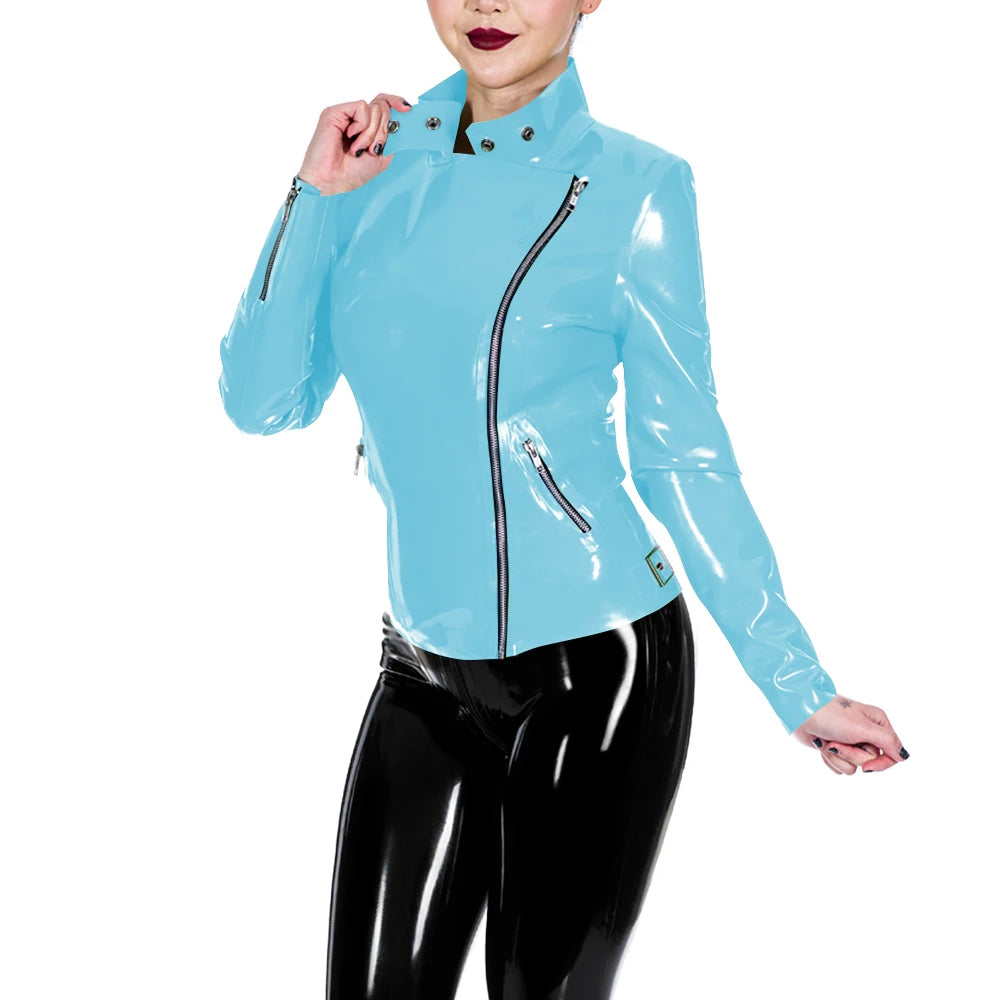 Glossy Leather Motorcycle Jacket for Women Long Sleeve Gothic Punk Style Coat