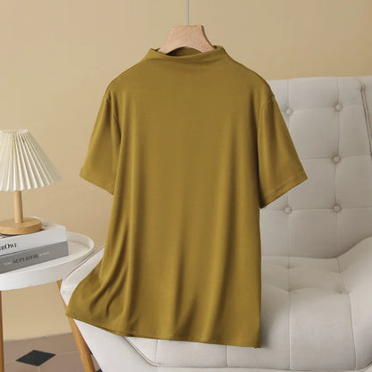 Temperament Half High Neck Solid Color Short Sleeve Tees Plus Size Women's Base T-shirt
