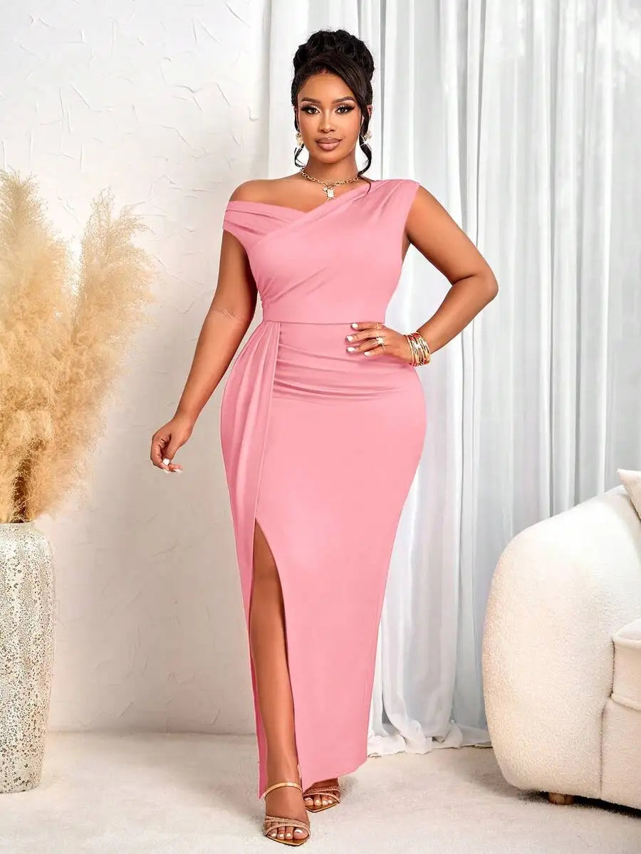 Women Elegant Fitted Long Dress Beige Asymmetrical Neck High Slit Formal Party
