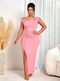Women Elegant Fitted Long Dress Beige Asymmetrical Neck High Slit Formal Party