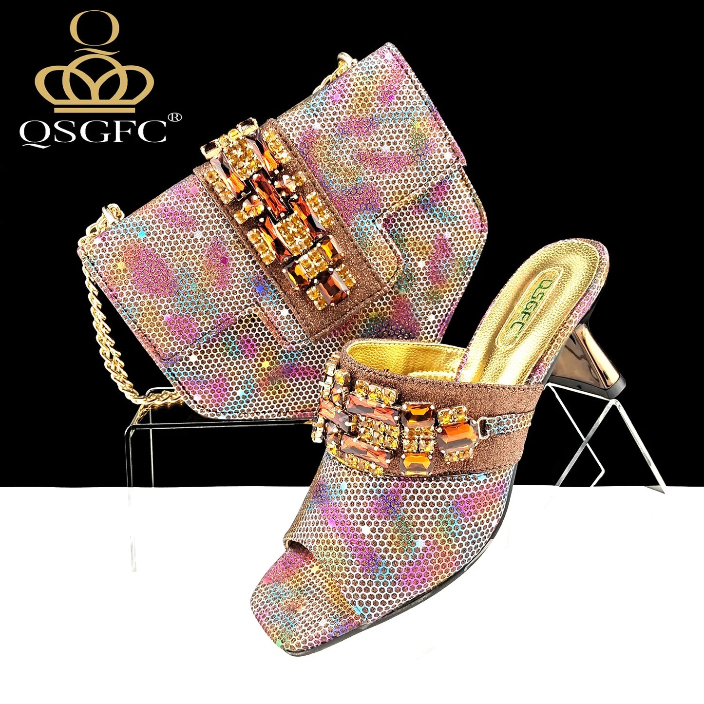 Italian Fashion Square toe Women Strange Heels Bigger size Fashion Rhinestone Decoration Brown Shoes And Bag set Party bag