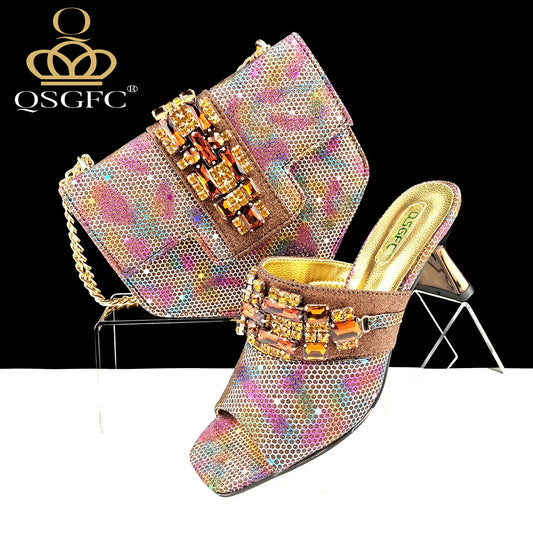 Italian Fashion Square toe Women Strange Heels Bigger size Fashion Rhinestone Decoration Brown Shoes And Bag set Party bag