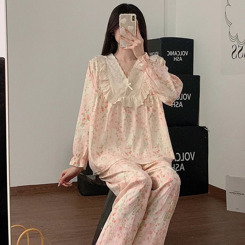 Women`s Lace Flower 2 Piece Pajamas Set V-neck Ruffled Nightwear Clothes