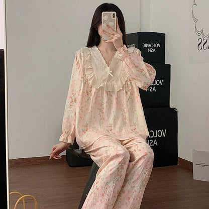 Women`s Lace Flower 2 Piece Pajamas Set V-neck Ruffled Nightwear Clothes
