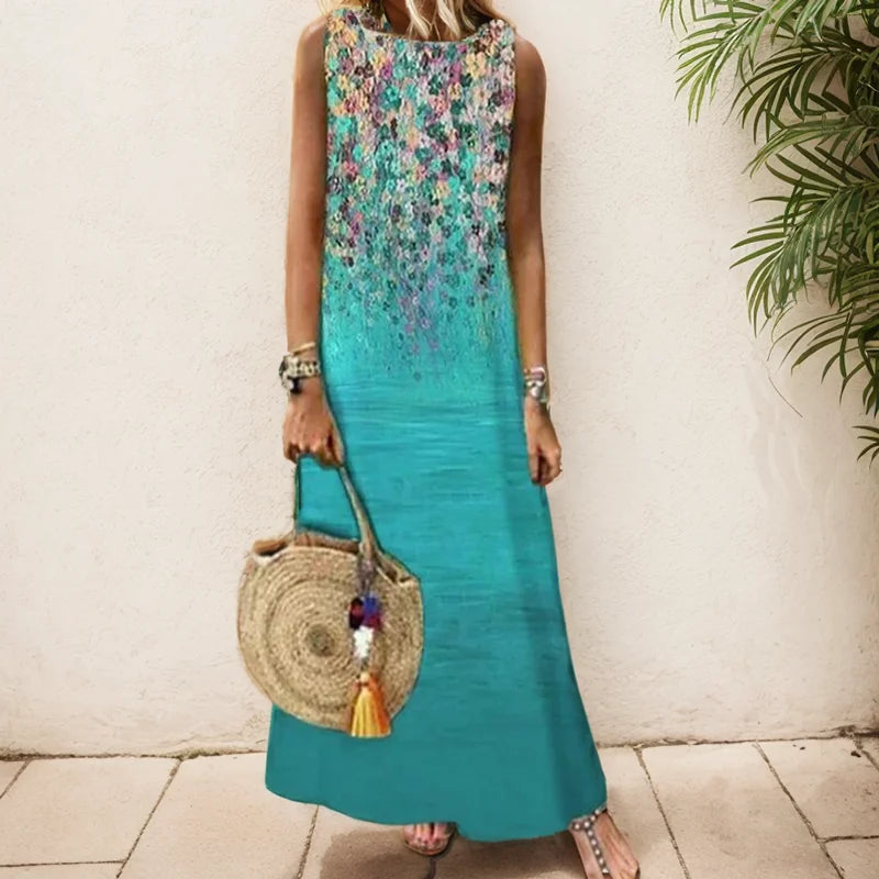 Elegant Printed O-Neck Sleeveless Women Dress  Loose Casual Beach Long Dresses Ladies Boho Maxi Dress