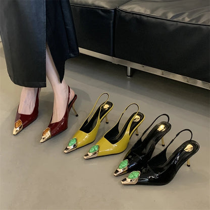 Elegant Street Style Design Metal Square Head Diamonds Woman Pumps